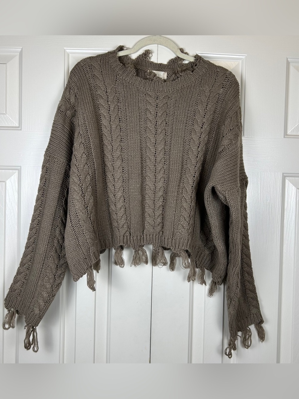 Altar’d State Knit Crop Cable Fringe Sweater - Picture 1 of 11